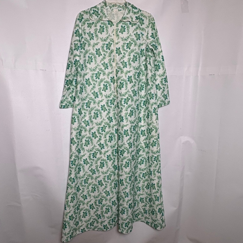Vintage Elaine Sklar Green Floral Zip Front Maxi Robe Housecoat Pocket Small
